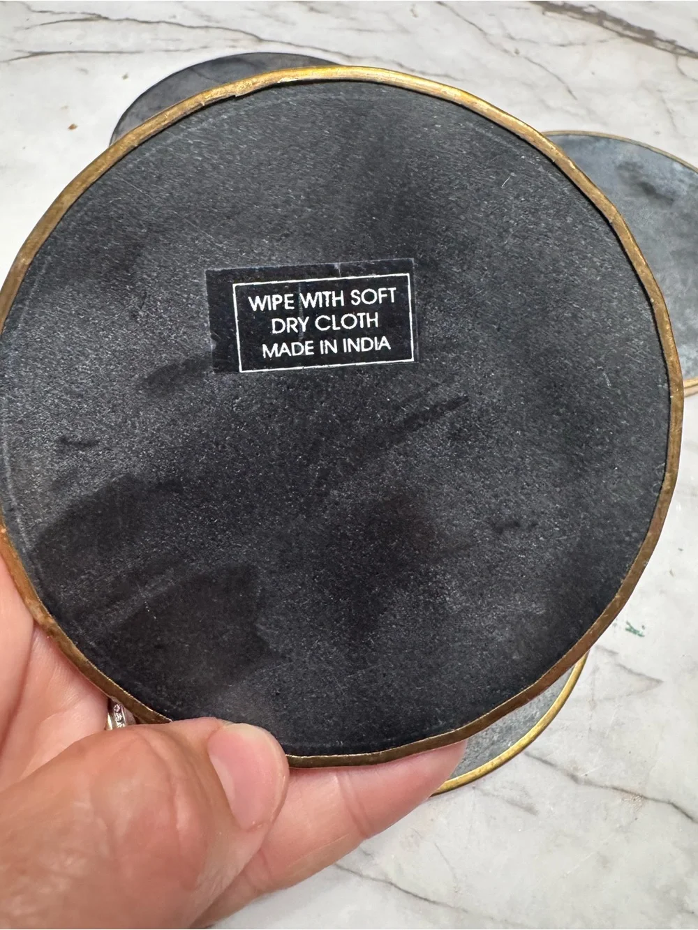 4 Dark Gray Marble Effect Slate Coasters with Gold Rim